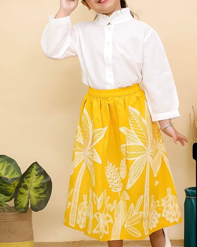 • Beautiful white Top with Designer Bright mustard yellow A-line skirt .