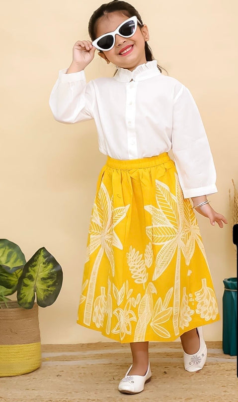 • Beautiful white Top with Designer Bright mustard yellow A-line skirt .