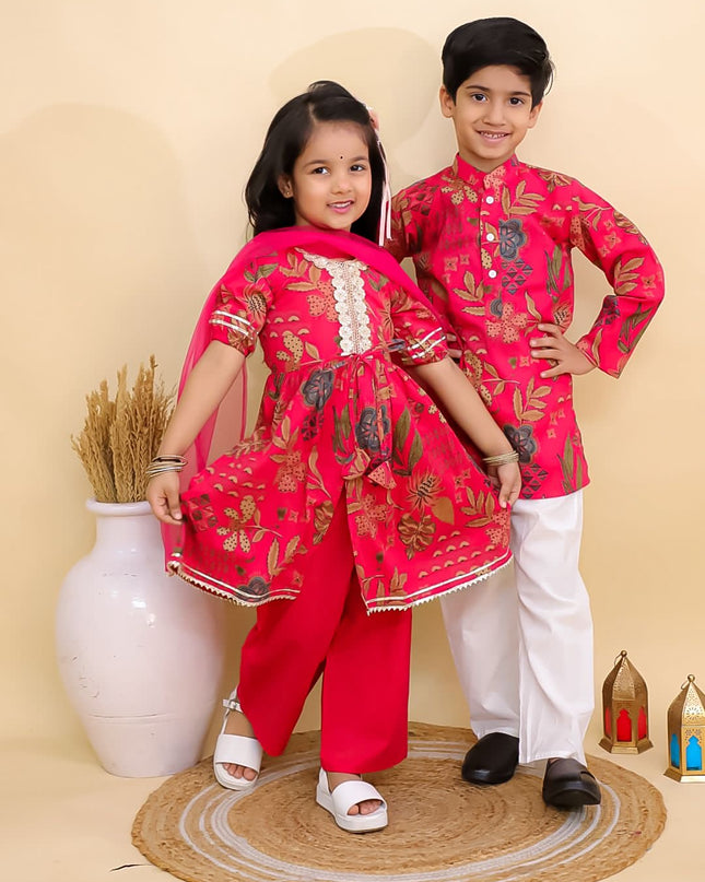 Beautiful Blossom Red Kurta Set for girl